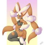  2018 4_fingers anthro anus areola big_ears black_nose black_sclera breasts brown_fur buckteeth butt claws female fur hand_on_butt lagomorph looking_at_viewer looking_back mammal mega_evolution mega_lopunny nintendo nipples one_leg_up open_mouth open_smile pok&eacute;mon pok&eacute;mon_(species) presenting presenting_hindquarters pseudo_clothing pussy red_eyes ricocake simple_background small_breasts smile solo standing teeth video_games white_fur 