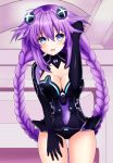  :d blue_eyes blush braid breasts cleavage cleavage_cutout covered_navel cowboy_shot d-pad d-pad_hair_ornament hair_between_eyes hair_ornament indoors leaning_forward leekoe2525 leotard long_hair medium_breasts neptune_(series) open_mouth power_symbol purple_hair purple_heart skin_tight smile solo symbol-shaped_pupils twin_braids twintails very_long_hair 