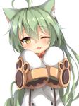  ;3 ;d ahoge akashi_(azur_lane) animal_ears azur_lane bangs blush cat_ears commentary_request dress eyebrows_visible_through_hair green_hair hair_between_eyes hands_up head_tilt highres long_hair long_sleeves looking_at_viewer neko_pachi one_eye_closed open_mouth simple_background sleeves_past_fingers sleeves_past_wrists smile solo very_long_hair white_background white_dress wide_sleeves yellow_eyes 