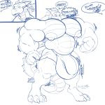  anthro big_bulge bulge dialogue dragon english_text growth male monochrome muscle_growth muscular muscular_male nipples pec_growth pecs penis_growth siriusdog solo standing text 