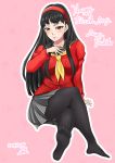  amagi_yukiko bangs birthday black_hair black_legwear blunt_bangs commentary_request foreshortening hairband highres houndstooth long_hair no_shoes panties panties_under_pantyhose pantyhose persona persona_4 ribbed_sweater school_uniform serafuku sinkter0 solo sweater underwear yasogami_school_uniform 