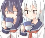  akatsuki_(kantai_collection) anchor_symbol bangs black_hair blue_background blush brown_neckwear closed_mouth cup eyebrows_visible_through_hair hair_between_eyes hibiki_(kantai_collection) holding holding_cup kantai_collection long_hair long_sleeves looking_at_viewer multiple_girls neckerchief no_hat no_headwear rateratte school_uniform serafuku shaded_face shirt sidelocks silver_hair smile steam translated two-tone_background very_long_hair wavy_mouth white_background white_shirt 