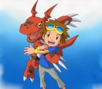  arm_hug bad_id bad_twitter_id blue_background blue_hoodie brown_hair claws creature digimon digimon_tamers goggles goggles_on_head grey_pants guilmon highres looking_at_viewer matsuda_takato nakatsuru_katsuyoshi official_art open_mouth orange_eyes pants red_eyes reptile shirt smile tail tongue white_shirt wristband yellow-framed_eyewear yellow_wristband 