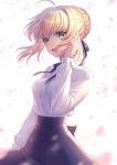  :d absurdres adjusting_hair ahoge arm_at_side artoria_pendragon_(all) bad_revision black_neckwear black_ribbon black_skirt blonde_hair blush braid cowboy_shot downscaled_revision fate/stay_night fate_(series) floating_hair green_eyes hair_bun hair_ribbon high-waist_skirt highres long_sleeves looking_at_viewer md5_mismatch medium_skirt neck_ribbon open_mouth petals ribbon saber sakura_shiho shiny shiny_hair shirt short_hair sidelocks skirt smile solo twitter_username white_background white_shirt wind 