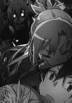  2girls abec asuna_(sao) clenched_teeth closed_eyes fingerless_gloves gloves glowing glowing_eyes greyscale hair_between_eyes highres kirito long_hair monochrome multiple_girls novel_illustration official_art scared sharp_teeth sweatdrop sword_art_online teeth 