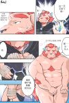  armor blush body_hair chernobog chest_hair clothing comic covering covering_self demon facial_hair hairy horn male musclegut nude pandaj text tokyo_afterschool_summoners unconvincing_armor undressing 