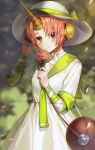  alternate_costume bag bandaged_arm bandages bangs blue_eyes blurry blurry_background blush choker closed_mouth cowboy_shot day depth_of_field dress eyebrows_visible_through_hair fate/grand_order fate_(series) flower frankenstein's_monster_(fate) gijang green_neckwear green_ribbon green_sailor_collar hand_on_headwear hat hat_ribbon headgear heterochromia holding holding_flower horns lens_flare looking_at_viewer neckerchief outdoors parted_bangs petals pink_flower pink_rose ribbon ribbon_choker rose sailor_collar sailor_dress shiny shiny_hair short_sleeves shoulder_bag smile solo sun_hat white_dress white_hat yellow_eyes 