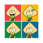  1girl alien arms_behind_back blonde_hair bowtie green_skin hair_flower looking_at_viewer multiple_views peridot_(steven_universe) short_hair simple_background small_breasts smile steven_universe sunglasses upper_body visor 