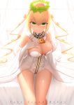  ahoge bare_shoulders bed_sheet blonde_hair blush breasts bridal_veil bu_li cleavage copyright_name detached_collar detached_sleeves fate/extra fate/extra_ccc fate/grand_order fate_(series) full-length_zipper gloves green_eyes head_wreath large_breasts leotard lock nero_claudius_(bride)_(fate) nero_claudius_(fate)_(all) on_bed padlock shiny shiny_hair short_hair sitting smile solo veil white_gloves white_sleeves zipper zipper_pull_tab 