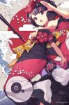  ass bare_shoulders black_hair black_kimono blue_eyes blush breasts fate/grand_order fate_(series) flower hair_flower hair_ornament highres japanese_clothes jehyun katsushika_hokusai_(fate/grand_order) kimono looking_at_viewer medium_breasts short_hair solo underboob 