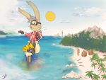  2018 4_toes 5_fingers anthro beach brown_fur canoe cheek_tuft chromatic_aberration clothed clothing cub detailed_background eyewear final_fantasy fur goggles green_eyes growth hut lighthouse looking_down macro moogle mountain open_mouth outside palm_tree raised_inner_eyebrows raised_leg rubber sea seaside signature sky snorkel sorbet_(moogle) square_enix stormdragonblue toes tree tropical tuft video_games water wet wetsuit worried young 