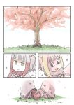  :d bangs blunt_bangs cerulean_(kemono_friends) cherry_blossoms comic highres holding_hands japanese_crested_ibis_(kemono_friends) kemono_friends multiple_girls murakami_kou_(raye) open_mouth page_number petals silent_comic sitting smile tree under_tree wide_sleeves 