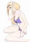  bare_shoulders barefoot bikini blonde_hair blue_eyes breasts cleavage collarbone commentary_request flower from_side front-tie_bikini front-tie_top granblue_fantasy hair_flower hair_ornament hair_over_shoulder hairband jeanne_d'arc_(granblue_fantasy) large_breasts long_hair looking_at_viewer navel profile purple_bikini side-tie_bikini simple_background sitting sohin solo strap_gap string_bikini swimsuit wariza white_background 