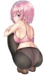  ass back bra breasts commentary_request crotch_seam eyebrows_visible_through_hair fate/grand_order fate_(series) hair_over_one_eye highres hips kanikou large_breasts lavender_hair looking_back mash_kyrielight panties panties_under_pantyhose pantyhose pink_bra purple_eyes short_hair simple_background solo squatting thighs underwear white_background 