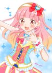  aikatsu!_(series) aikatsu_friends! bow commentary earrings hair_bow hairband idol_clothes jewelry long_hair looking_at_viewer multicolored_hair orange_hair pink_eyes pink_hair pink_skirt red_bow skirt smile solo tiramisu651 twitter_username wrist_cuffs yellow_eyes yuuki_aine 