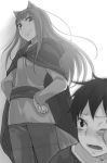 1girl animal_ears ayakura_juu cape floating_hair from_below greyscale hands_on_hips holo hooded klaus_(spice_and_wolf) long_hair looking_back monochrome novel_illustration official_art one_eye_closed open_mouth pants shirt simple_background smile spice_and_wolf standing tail tears very_long_hair white_background wolf_ears wolf_tail 