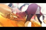  1girl all_fours black_hair bodysuit brown_hair commentary copyright_name darling_in_the_franxx dutch_angle green_eyes hairband hiro_(darling_in_the_franxx) horns letterboxed long_hair looking_at_viewer pantyhose pink_hair ryota-h skirt solo_focus strelizia top-down_bottom-up uniform white_hairband zero_two_(darling_in_the_franxx) 