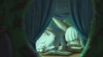 absurdres arm_pillow bangs bibido blunt_bangs blurry book claws closed_eyes depth_of_field furry highres made_in_abyss mitty_(made_in_abyss) nanachi_(made_in_abyss) sleeping teeth whiskers white_eyelashes white_hair 