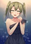  :d alternate_costume bangs bare_shoulders black_dress blush collarbone dress earrings gradient gradient_background green_hair hair_ribbon hands_together highres jewelry kantai_collection lips long_hair looking_at_viewer ohiya open_mouth own_hands_together ribbon shiny shiny_hair single_strap sleeveless smile solo sparkle star star-shaped_pupils symbol-shaped_pupils twintails upper_body white_ribbon zuikaku_(kantai_collection) 