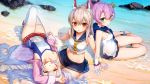  arm_above_head arm_up ayanami_(azur_lane) azur_lane bare_shoulders beach black_bow blue_skirt blush bow bracelet breasts brown_hair closed_mouth collarbone crop_top cross cross_hair_ornament crown day expressionless eyebrows_visible_through_hair full_body gloves green_eyes grey_hair hair_between_eyes hair_bow hair_ornament hairclip highres jacket javelin_(azur_lane) jewelry laffey_(azur_lane) large_breasts long_hair looking_at_viewer lying midriff mini_crown miniskirt multiple_girls navel ocean official_art on_back open_clothes open_jacket outdoors parted_lips partially_submerged pink_hair ponytail red_eyes red_skirt rock short_hair short_ponytail sitting skindentation skirt smile strap_slip thighhighs treeware upside-down water wet wet_clothes white_gloves white_legwear yokozuwari zettai_ryouiki 