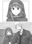  1girl ayakura_juu blush bruise_on_face cape closed_eyes craft_lawrence dress_shirt fang greyscale holo hood hooded jacket laughing long_hair monochrome novel_illustration official_art open_mouth shirt smile spice_and_wolf upper_body 