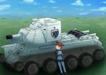  brown_eyes brown_hair bt-42 cloud commentary_request emblem girls_und_panzer grass ground_vehicle highres keizoku_(emblem) keizoku_military_uniform mikko_(girls_und_panzer) military military_vehicle motor_vehicle one_eye_closed short_twintails sky smile tank ts03470246 twintails 