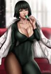  1girl artist_name black_hair breasts candy cleavage coat curvy dress flowerxl fubuki_(one-punch_man) green_eyes large_breasts lips necklace one-punch_man short_hair solo thick_thighs tights tongue watermark 