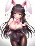  animal_ears bangs bare_shoulders black_gloves black_hair black_leotard blue_eyes blush bow bowtie breasts bunny_ears bunny_girl bunny_tail bunnysuit cleavage covered_navel detached_collar doyouwantto elbow_gloves eyebrows_visible_through_hair fake_animal_ears flying_sweatdrops gloves hair_ornament hairclip hand_on_hip highres large_breasts leotard long_hair looking_away nijisanji open_mouth pantyhose solo strapless strapless_leotard tail tsukino_mito wrist_cuffs 