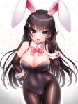  animal_ears bangs bare_shoulders black_gloves black_hair black_leotard blue_eyes blush bow bowtie breasts bunny_ears bunny_girl bunny_tail bunnysuit cleavage covered_navel detached_collar doyouwantto elbow_gloves eyebrows_visible_through_hair fake_animal_ears gloves hair_ornament hairclip hand_on_hip highres large_breasts leotard long_hair looking_at_viewer nijisanji open_mouth pantyhose solo strapless strapless_leotard tail tsukino_mito wrist_cuffs 