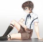  arm_support bangs black_choker black_ribbon blue_eyes blush brown_hair brown_shorts child choker closed_mouth collarbone collared_shirt dress_shirt feet_out_of_frame from_side glint gradient gradient_background grey_background hachinatsu highres knee_up kneehighs looking_at_viewer looking_to_the_side male_focus mole mole_under_eye neck_ribbon original ribbon shirt short_sleeves shorts sideways_glance solo suspender_shorts suspenders suspenders_slip white_shirt wing_collar 