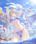  armpits arms_up ass_visible_through_thighs bangs banner bikini bird blonde_hair blue_eyes blush bracelet breasts cloud contrapposto cowboy_shot cygames day flower front-tie_bikini front-tie_top granblue_fantasy hair_flower hair_ornament hairband hairdressing hibiscus highres hisakata_souji jeanne_d'arc_(granblue_fantasy) jewelry lens_flare light_rays long_hair looking_at_viewer medium_breasts mouth_hold navel outdoors palm_tree petals purple_bikini purple_ribbon ribbon sheath sheathed shingeki_no_bahamut solo standing stomach sunbeam sunlight swimsuit sword thighs tree tying_hair underboob very_long_hair wading water water_surface weapon 