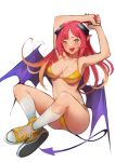  :d armpits arms_up bikini blonde_hair blush breasts cleavage collarbone colored_eyelashes crossed_ankles demon_girl demon_horns demon_tail demon_wings doushimasho fangs full_body gradient_hair highres horns kneehighs knees_up looking_at_viewer medium_breasts multicolored_hair nail_polish open_mouth orange_eyes original own_hands_together pink_hair pink_nails pointy_ears purple_wings shoes simple_background sitting smile sneakers solo swimsuit tail thighs white_background white_legwear wings yellow_bikini yellow_footwear 