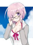  blush dress fate/grand_order glasses jacket matthew_kyrielite pink_hair short_hair sky violet_eyes 