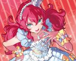  aikatsu!_(series) aikatsu_friends! aqua_eyes asuka_mirai_(aikatsu_friends!) blue_dress bow commentary crown dress frilled_sleeves frills from_above hairband jewelry looking_at_viewer necklace puppeteer7777 red_hair solo twintails wrist_cuffs yellow_bow 