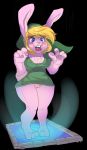  2017 anthro big_breasts black_background blonde_hair blue_eyes blush bottomless breasts chest_tuft clothed clothing crossgender female fur hair lagomorph link_(rabbit_form) mammal nintendo nipple_bulge open_mouth pink_fur pussy rabbit reddishmaroon shortstack simple_background solo standing surprise the_legend_of_zelda transformation tuft video_games wide_hips 