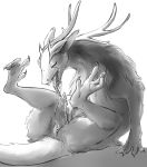  2018 antlers claws cum digital_media_(artwork) dragon eastern_dragon erection eyes_closed feral fur hi_res horn male masturbation monochrome nude open_mouth penis roseinthewoods simple_background solo tongue tongue_out 