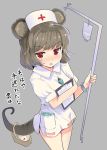  adapted_costume alternate_costume animal_ears basket blush clipboard commentary_request cowboy_shot dowsing_rod grey_background grey_hair hat holding jewelry looking_at_viewer mouse_ears mouse_tail nazrin nose_blush nurse nurse_cap parted_lips pendant puuakachan red_eyes short_sleeves simple_background solo standing tail touhou translation_request 