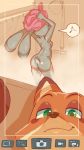  2016 anthro breasts butt camera_view canine chung-sae disney duo female fox green_eyes hi_res judy_hopps lagomorph male mammal musical_note nick_wilde nude peeping rabbit rear_view selfie shower side_boob smile solo_focus towel wet zootopia 