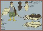  2018 2_fingers 4_toes anisodactyl anthro avian bird border brown_feathers clothed clothing digital_media_(artwork) feathered_wings feathers hawk hi_res lief_woodcock male model_sheet orange_eyes shirt shorts simple_background solo sparrowhawk standing tan_feathers tank_top text theandymac toes watermark wings 