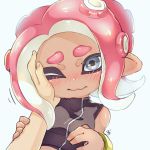  bare_shoulders blue_eyes blush crop_top dark_skin eyebrows face hand_on_another's_face highres makeup mascara napm octarian octoling one_eye_closed out_of_frame pointy_ears pov pov_hands red_hair short_eyebrows solo_focus splatoon_(series) splatoon_2 splatoon_2:_octo_expansion tentacle_hair wavy_mouth 