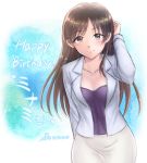  blush breasts brown_eyes brown_hair character_name cleavage commentary_request dated formal happy_birthday heart idolmaster idolmaster_cinderella_girls jewelry long_hair looking_at_viewer medium_breasts necklace nitta_minami shizuhime signature skirt_suit smile solo suit 