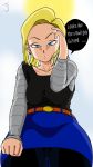  1girl android_18 blonde_hair breasts denim_skirt dragon_ball dragonball_z miniskirt pantyhose skirt text thethickness 