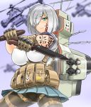  aircraft bad_id bad_twitter_id blue_eyes breasts combat_knife commentary_request dual_wielding gloves grey_hair hair_over_one_eye hamakaze_(kantai_collection) helicopter holding kantai_collection knife large_breasts panties pantyhose pantyshot pantyshot_(standing) rigging saizu_nitou_gunsou skirt solo standing tattoo underwear weapon 