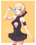  armband artist_name artoria_pendragon_(all) artoria_pendragon_(swimsuit_rider_alter) bad_id bad_pixiv_id bare_shoulders black_dress blonde_hair blush cleavage_cutout dress eating fate/grand_order fate_(series) food h2o_(dfo) hand_up looking_at_viewer melting orange_background popsicle saber simple_background solo standing 