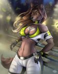  &lt;3 2018 5_fingers anthro black_nose bra breasts brown_fur brown_hair canine clothed clothing collar eyebrows female fully_clothed fur gloves hair hettie inviting looking_at_viewer mammal multicolored_fur open_shirt orange_eyes pink_fur pink_hair shorts smile solo standing teasing two_tone_fur underwear wolf wyla_(character) 
