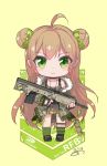  &gt;:) ahoge bangs bare_shoulders black_dress black_gloves blush_stickers bow brown_hair bullpup camouflage_jacket character_name chibi closed_mouth collarbone dated double_bun dress eyebrows_visible_through_hair fingerless_gloves girls_frontline gloves green_bow green_eyes green_legwear gun hair_between_eyes hair_bow holding holding_gun holding_weapon jacket kel-tec kel-tec_rfb long_hair long_sleeves looking_at_viewer mismatched_legwear object_namesake open_clothes open_jacket rfb_(girls_frontline) rifle side_bun signature sleeveless sleeveless_dress smile solo ssalbaram standing striped striped_legwear stuffed_animal stuffed_toy teddy_bear v-shaped_eyebrows very_long_hair weapon 