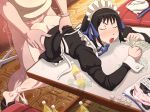  1girl arashiyama_hotori ass bangs bent_over black_hair blush bottle bottomless clothed_sex counting_money dimples_of_venus dress dress_lift eyes_closed feet highres indoors legs long_sleeves lying maid maid_headdress maku_(l-u) moaning money on_stomach open_mouth panties panties_around_leg panties_removed prostitution sex shoes short_hair solo_focus soredemo_machi_wa_mawatteiru sweat table thighs underwear vaginal wrist_cuffs 