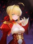 ahoge blonde_hair braid breasts cleavage epaulettes fate/extra fate_(series) french_braid green_eyes hair_ribbon highres long_sleeves looking_at_viewer mcaster medium_breasts nero_claudius_(fate) nero_claudius_(fate)_(all) petals red_ribbon ribbon short_hair solo 