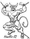  2002 angry animal_genitalia anthro balls bdsm bondage bound bovine chain clothing drooling facial_piercing hooves horn howllie loincloth low_res mammal minotaur muscular nose_piercing nose_ring penis piercing saliva sheath torn_clothing 
