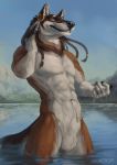  abs animal_genitalia anthro balls canine fully_sheathed fur hair honovy male mammal nude outside partially_submerged sheath smile solo standing 